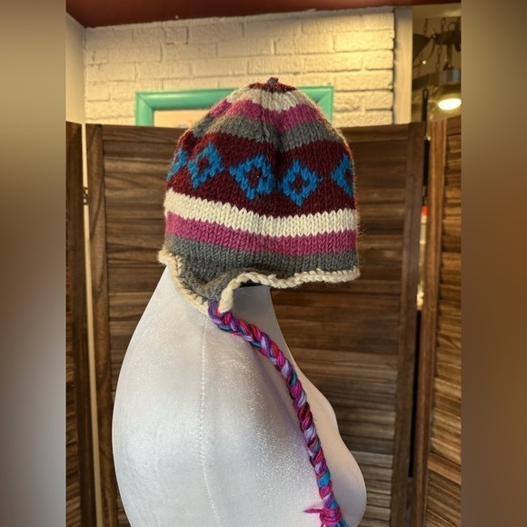 Nepal 100% Wool Knit Stripped Earflap Beanie Ski Hat Cap Fleece Lined Geometric - Picture 6 of 8